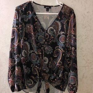 Alyx Women's black, blue, and orange v-neck long sleeve tie front shirt / blouse